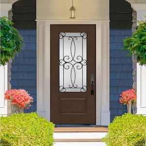 Regency 36 in. x 80 in. 3/4-Lite Georgian Decorative Glass RHOS Hickory Mahogany Fiberglass Prehung Front Door