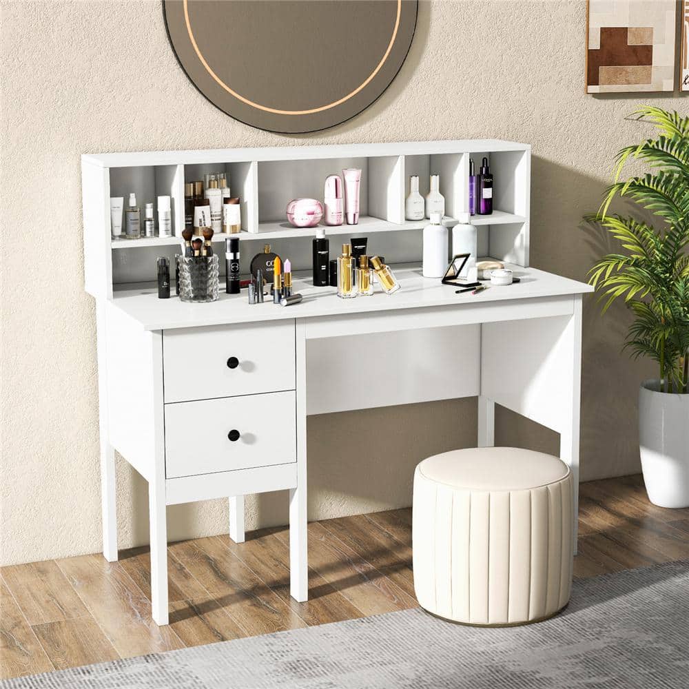 White Modern Wood Desk with Hutch and Drawers
