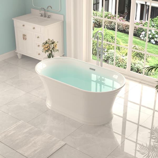 58.87 in. x 31 in. Pure Acrylic Soaking Bathtub with Center Drain in Glossy White, Pop-up Drain, Overflow Hole