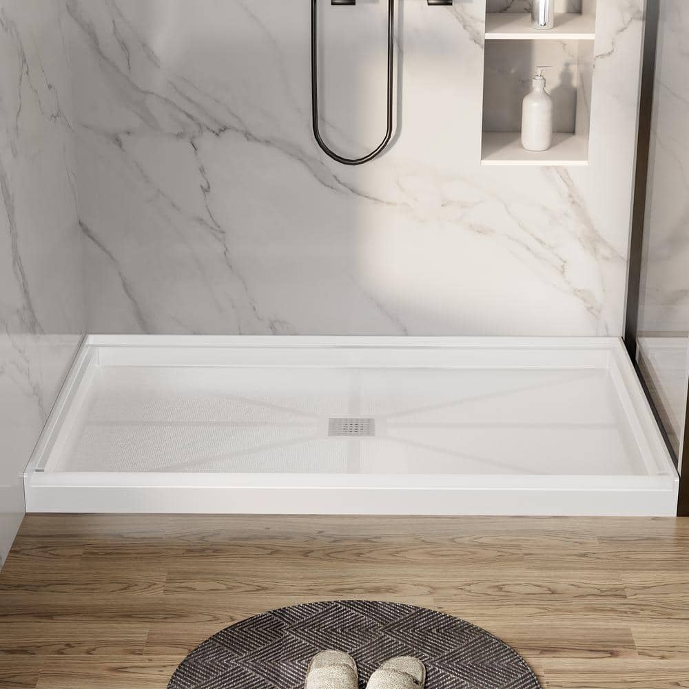 60 in. L x 36 in. W Alcove Shower Pan Base with Center Drain in White