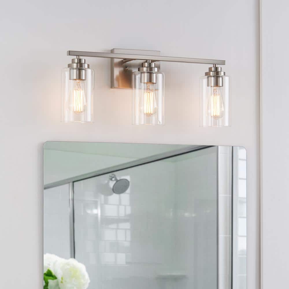 Brushed Nickel 3-Light Cylinder Glass Outdoor Vanity Fixture