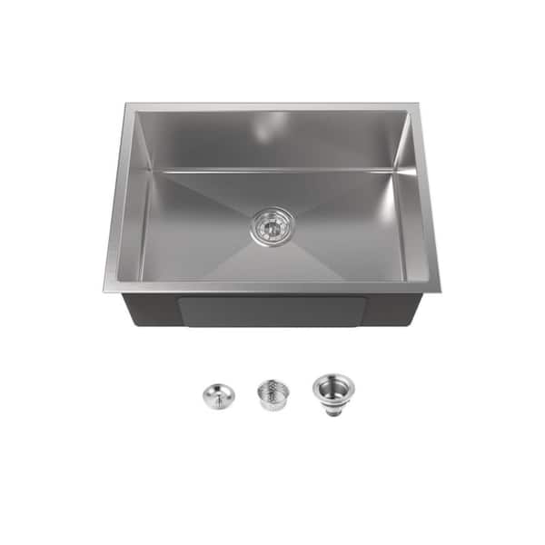 27 in. Undermount Single Bowl 20 Gauge Silver Stainless Steel Kitchen Sink with Drain
