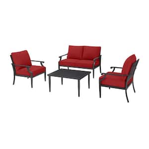 Braxton Park 4-Piece Black Steel Outdoor Patio Conversation Deep Seating Set with CushionGuard Chili Red Cushions