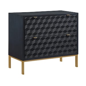 35 in. Rectangle Prism Royal Blue and Gold MDF 2-Drawer Chest