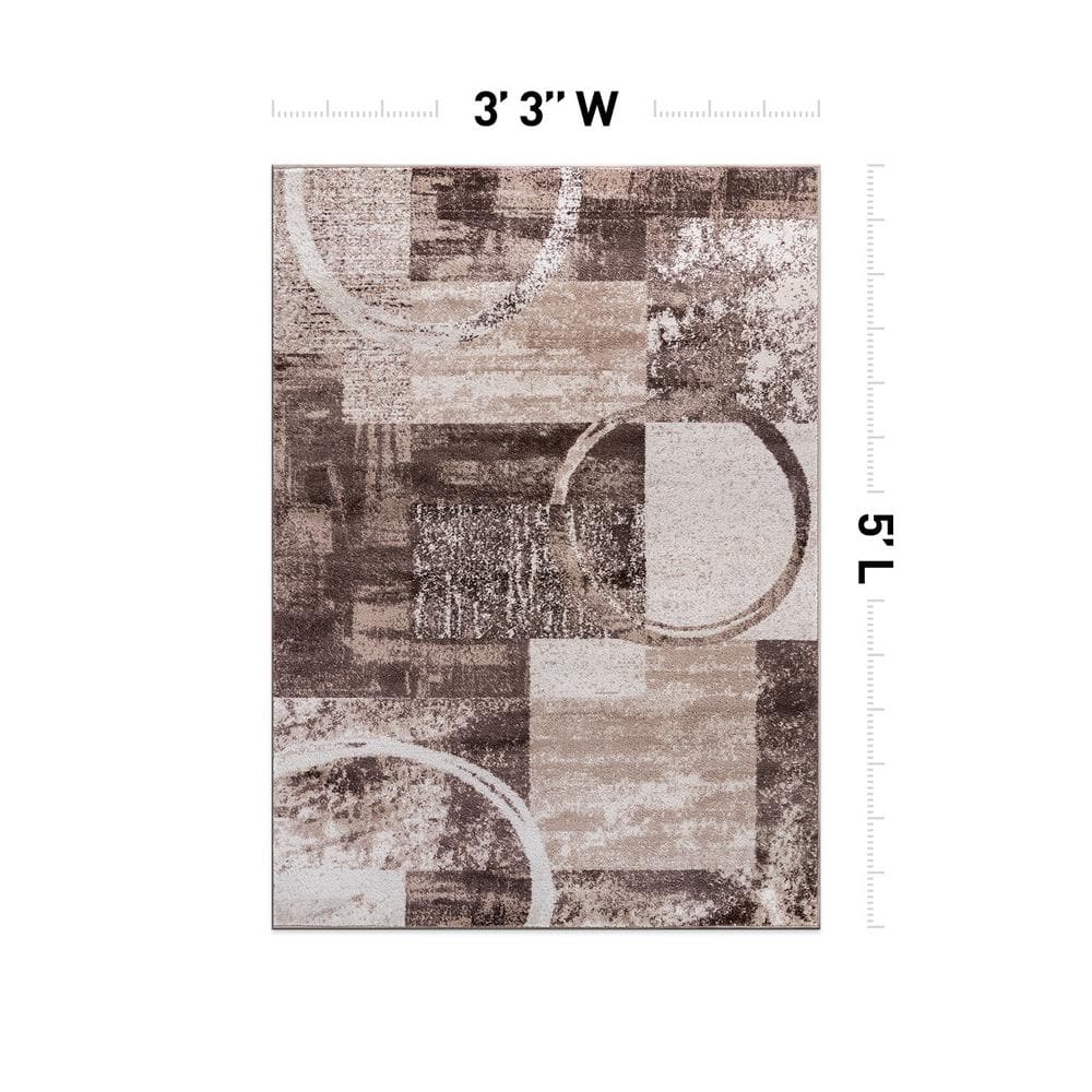 Brown Abstract Circle Design Easy Care Area Rug 3'3" x 5'