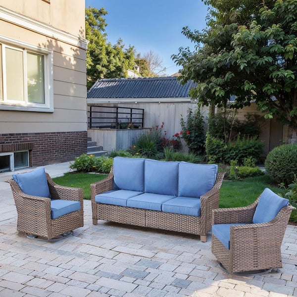 Opohoro SlideArm Brown 3-Piece Wicker Swivel Glider Patio Conversation Set, Sofa Seating Set with Olefin Navy Blue Cushions