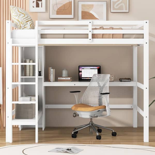 White Full Size Wood Loft Bed with Multifunction Shelves and Under-Bed Desk