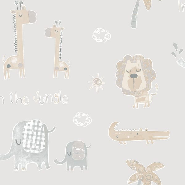Unbranded Tiny Tots 2 Collection Greige/Tan Matte Finish Jungle Friends Non-Woven Paper Wallpaper Roll