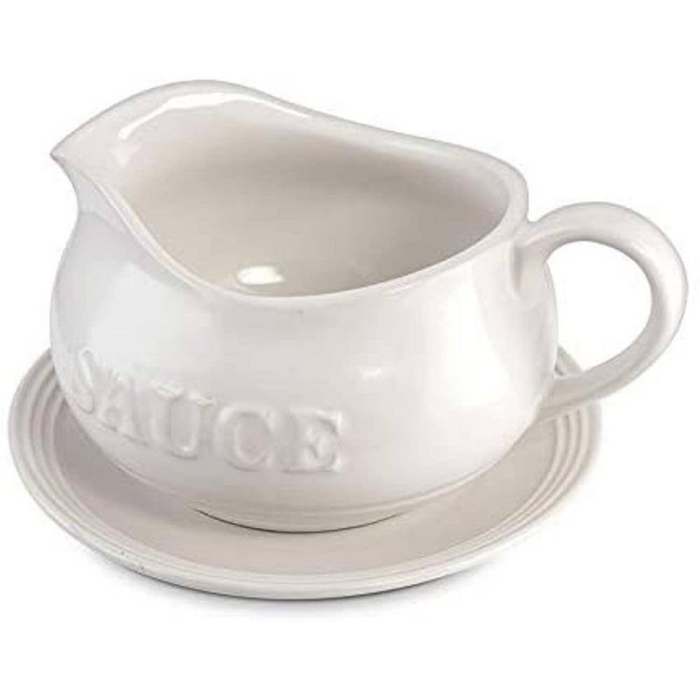 Over and Back 16.56 oz. White Ceramic Stoneware Gravy Boat and Warmer Stand (Set of 2)