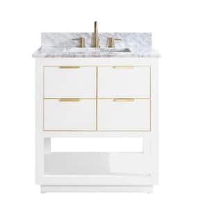 Allie 31 in. W x 22 in. D Bath Vanity in White with Gold Trim with Marble Vanity Top in Carrara White with White Basin