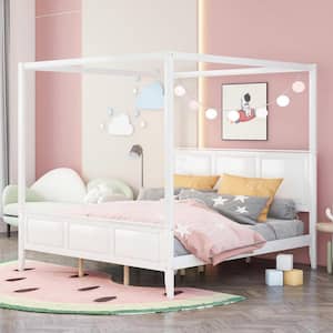 Canopy White King Bed Wood Poster Panel Beds Modern King Bed Frame with Headboard and Footboard, No Box Spring Needed