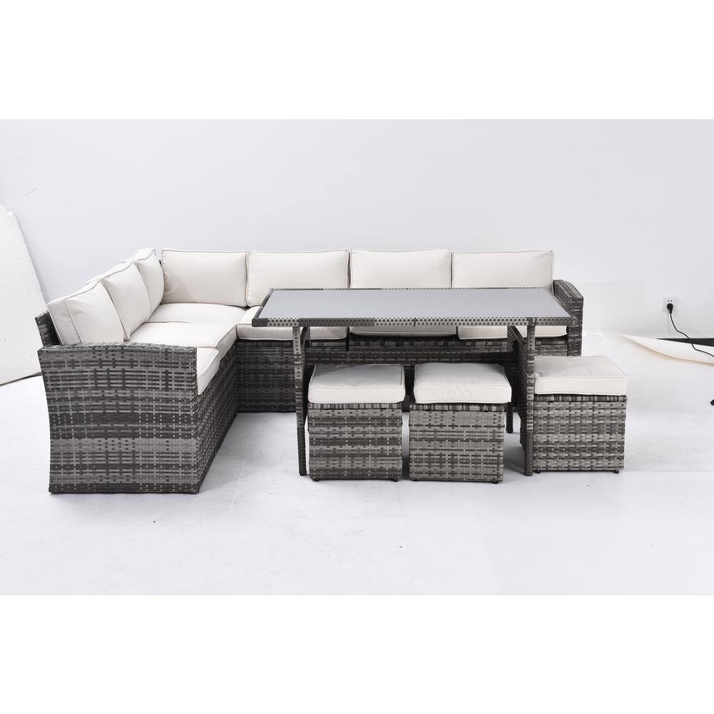 7-Piece Grey PE Rattan Wicker Steel Outdoor Sectional Sofa Set with Beige C