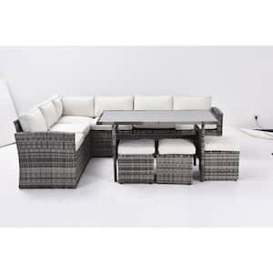 7-Piece Grey PE Rattan Wicker Steel Outdoor Sectional Sofa Set with Beige Cushions, Dining Table, Chairs and Ottomans