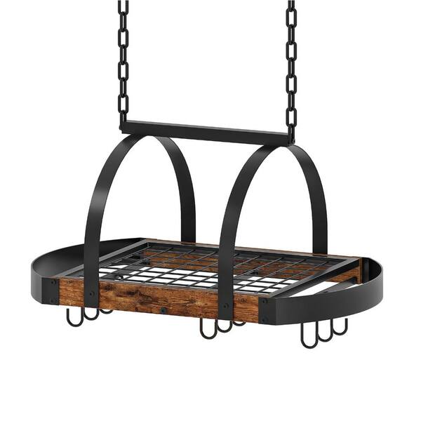 Rustic Brown and Black Ceiling-Mounted Hanging Pot Rack with 9 S Hooks and Adjustable Wire Shelf Organizer