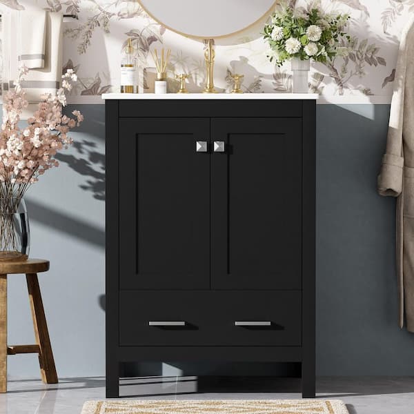 24 in. Freestanding Black Bath Vanity with White Ceramic Top, Drawer and Door Shelf Bathroom Storage Cabinet Unassembled