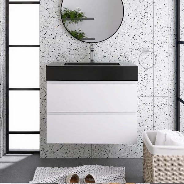 JimsMaison 30 in. W x 18 in. D x 25 in. H Single Sink Wall Mounted Bath Vanity in White with Black Quartz Sand Top