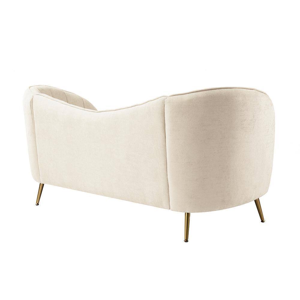 Side view of the beige polyester loveseat.