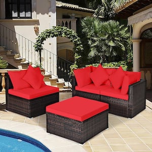 4-Piece Wicker Patio Conversation Set Couch Ottoman with Red Cushions