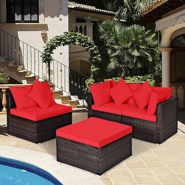 4-Piece Wicker Patio Conversation Set Couch Ottoman with Red Cushions