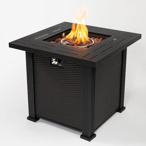 Mondawe 28 in. Square 50000 BTU Black Metal Propane Outdoor Fire Pit Table with Steel Tabletop, Lid and Lava Rocks