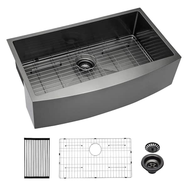 Unbranded Black 16 Guage Stainless steel 36 in. Single Bowl Farmhouse Apron Workstation Kitchen Sink with bottom grid