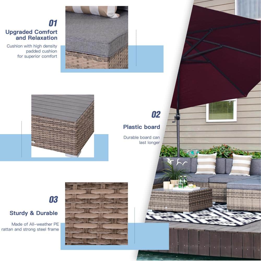 Gray 7-Piece Wicker Patio Sectional Sofa Set with Cushions