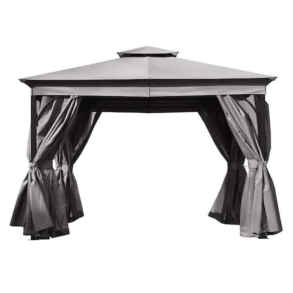 10 ft. x 12 ft. Grey Polyester and Steel Outdoor Gazebo Tent with Double Roofs Mosquito Netting and Privacy Screens