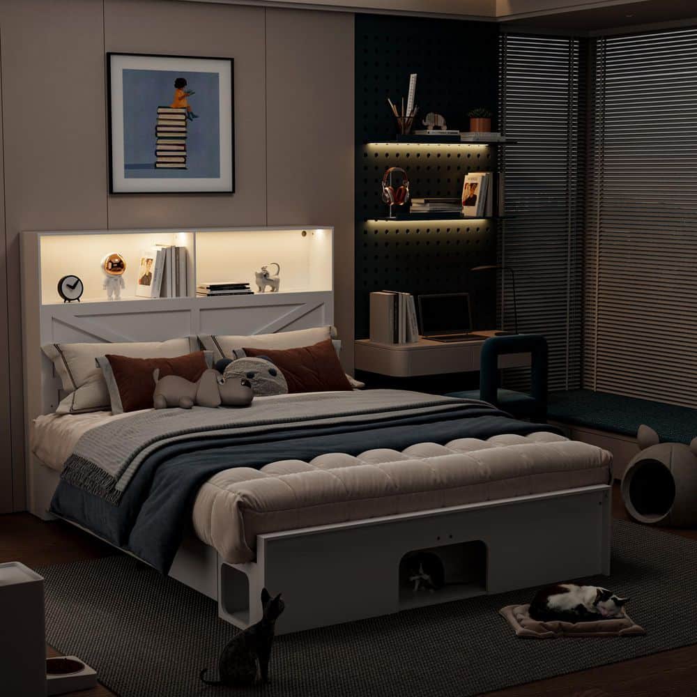 White Wooden Frame Queen Size Platform Bed, Panel Bed with 4 Large Drawers, 2 Open Shelves and Cat Tunnel - thumbnail 3