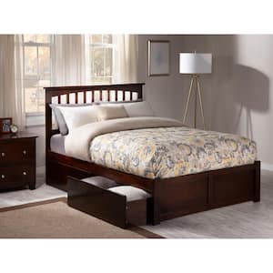 Mission Walnut Full Solid Wood Storage Platform Bed with Flat Panel Foot Board and 2 Bed Drawers