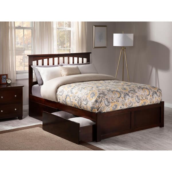 AFI Mission Walnut Full Solid Wood Storage Platform Bed with Flat Panel Foot Board and 2 Bed Drawers