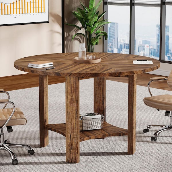 TRIBESIGNS WAY TO ORIGIN Halseey 47 in. Round Rustic Brown Engineered Wood Conference Table Meeting Table Desk with Storage Shelf