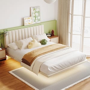 Floating Style Beige Wood Frame Queen Size Upholstered Platform Bed with Sensor Light