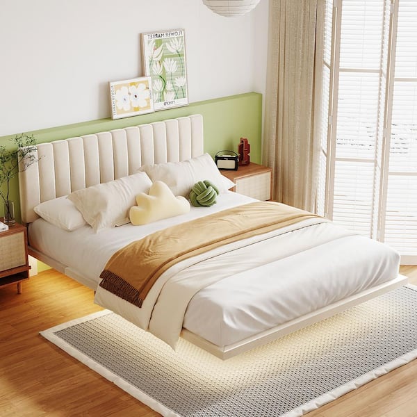 Harper & Bright Designs Floating Style Beige Wood Frame Queen Size Upholstered Platform Bed with Sensor Light