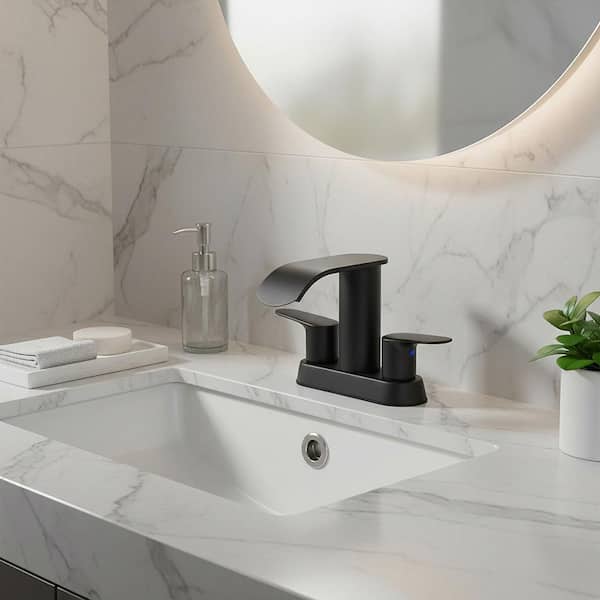 Waterfall 4 in. Centerset Double-Handle Bathroom Sink Faucet, Modern Faucet with Pop Up Drain in Matte Black