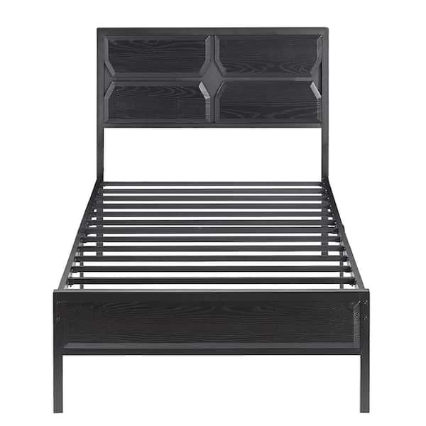 VECELO Bed Frame Black Metal Frame Twin Platform Bed with Wooden Headboard, Strong Metal Slat Support and Under-Bed Storage