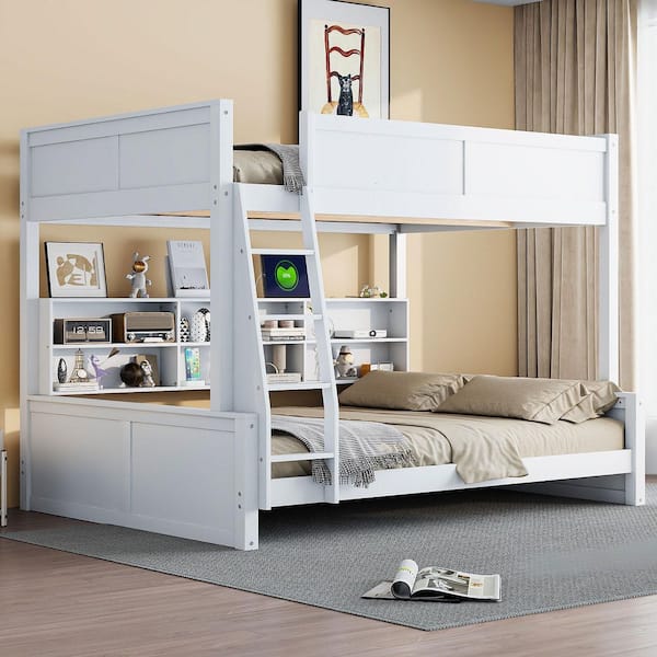 Antique White Full XL Over Queen Wood Bunk Bed with Storage Shelves and USB Ports