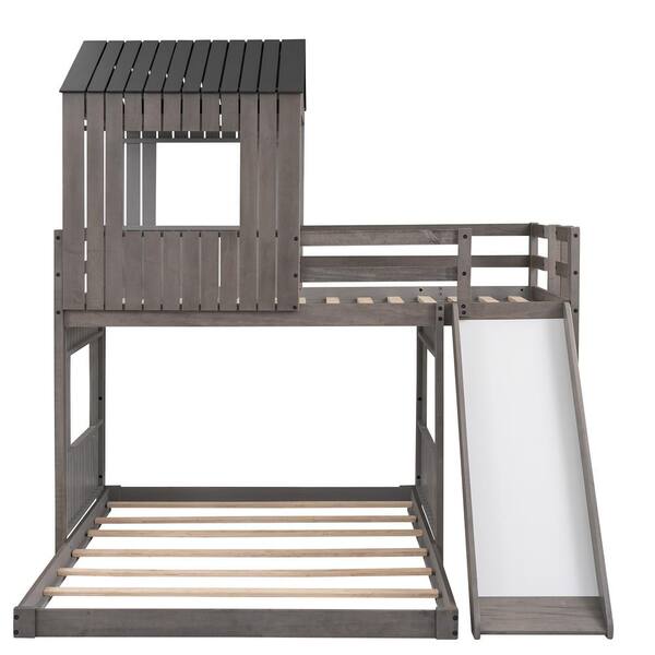 Unbranded Antique Gray Twin Over Full Bunk Bed with Playhouse, Farmhouse, Ladder, Slide and Guardrails