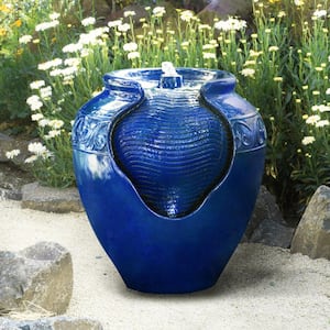 16.93 in. Royal Blue Outdoor Glazed Urn Pot Floor Water Fountain with LED light