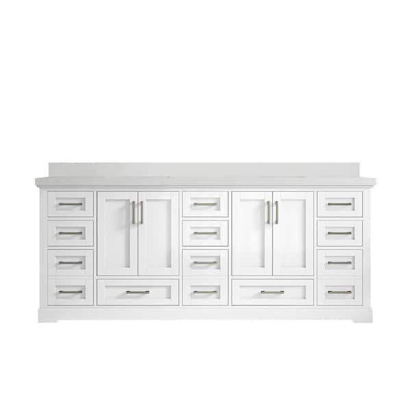 Boston 84 in. W x 22 in. D x 36 in. H Double Sink Bath Vanity in White with 2" White Quartz Top