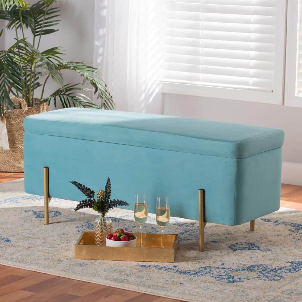 Sky Blue Velvet and Gold Metal Storage Bench