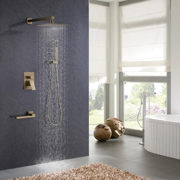 Single-Handle 3-Spray Square High Pressure Tub and Shower Faucet in Brushed Gold (Valve Included)