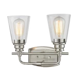 Annora 13.13 in. 2-Light Brushed Nickel Vanity Light with Clear Glass Shade with Bulbs Included