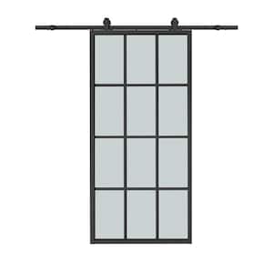 36 in. x 84 in. 12 Lite Frosted Glass Black Aluminum Frame Interior Sliding Barn Door with Hardware Kit
