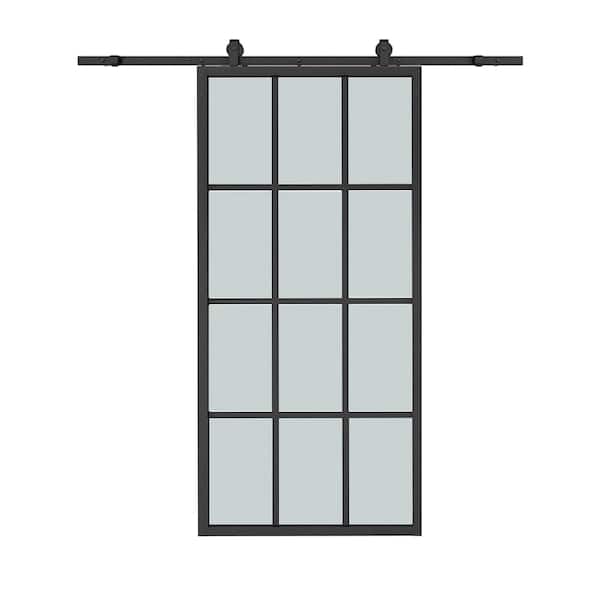 CALHOME 36 in. x 84 in. 12 Lite Frosted Glass Black Aluminum Frame Interior Sliding Barn Door with Hardware Kit