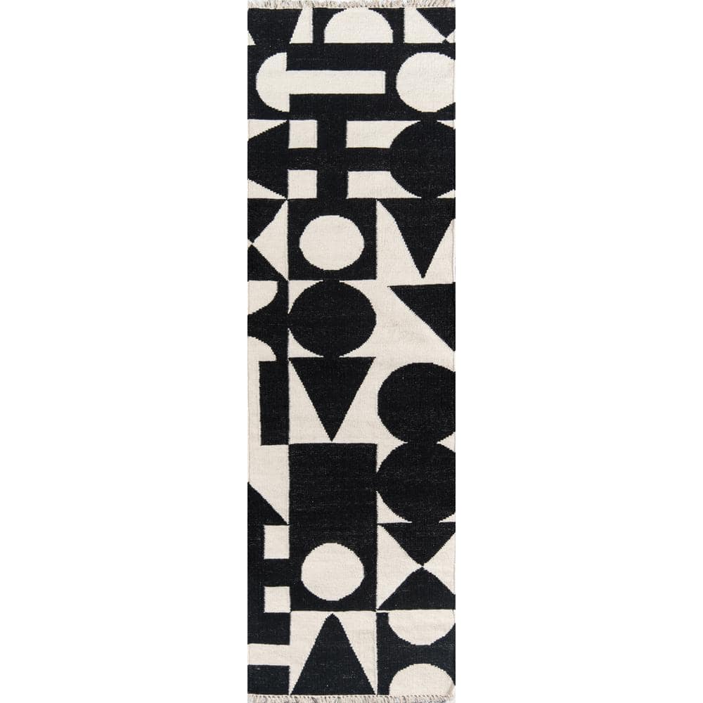 Black and White Geometric Wool Handmade Runner Rug