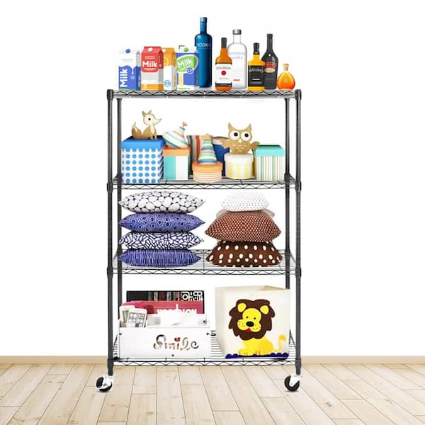 Amucolo Black Heavy Duty 3-Tier Foldable Metal Rack Storage Shelving Unit with Wheels(27.5 in. W x 31 in. H x 13.5 in. D)