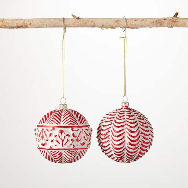 SULLIVANS 4 in. Red Embossed Ball Ornament (Set of 2)