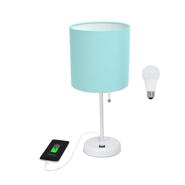Simple Designs 19.5 in. Aqua Shade White Stick Table Desk Lamp for Living Room with USB Charging Port and LED Bulb Included