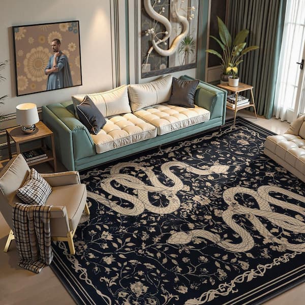 Washable Vintage Snake Pattern Non Slip Black Serpent 8 ft. x 10 ft. Living Room/Bedroom Indoor Area Rug