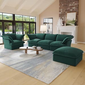 122.81 in. Flared Arm 5-Piece Linen Modular Down-Filled Free Combination Sectional Sofa with Ottoman in Green